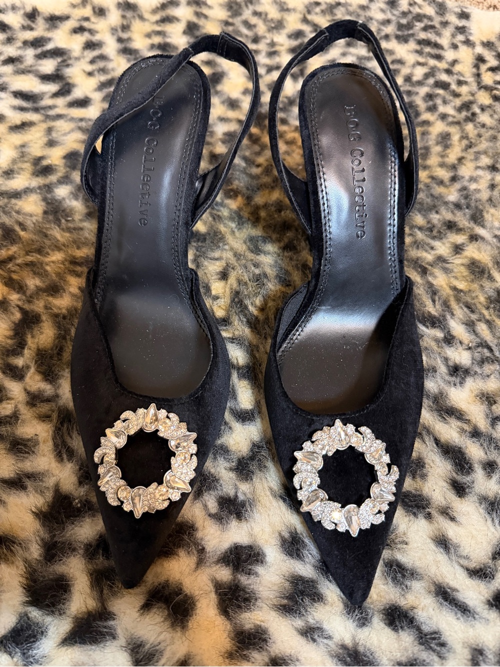 Black Velvet Slingback Pumps with Crystal Medallion